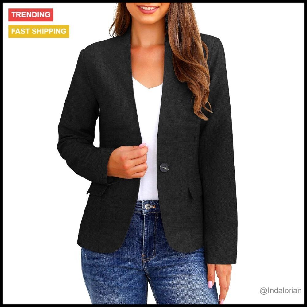 Business Casual Blazer Padded Shoulders Back Slit Pockets Office Work Jacket